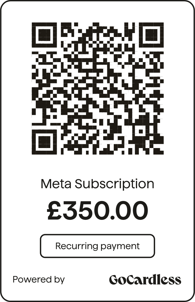 Scan to set up your KomTek Meta Marketing subscription via GoCardless